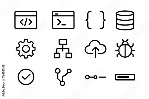 Software Icon Outline Set. Software Development. Line icon set of Software Development: code editor, terminal window, brackets, database icon, gear, flowchart,