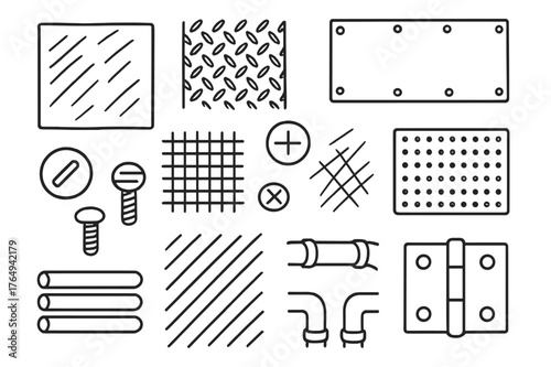 Metal Texture Doodle. Metal textures. Hand-drawn doodle illustration metal textures brushed steel, grid plate, rivets, mesh, screw head, scratched surface,