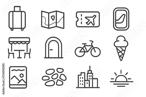 Travel Icon Collection. Travel Snippets. Line icon set of Travel Snippets: suitcase, map, ticket, window seat wing, street cafe, doorway, bicycle, gelato cone,