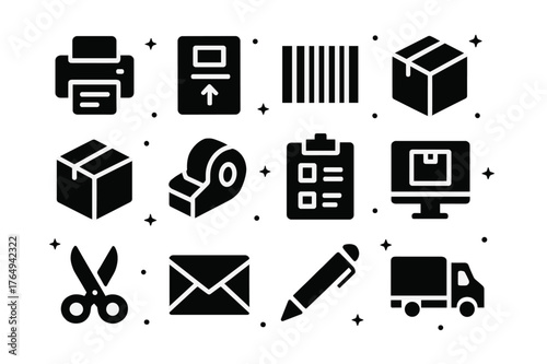 E-commerce Shipping Icons. E-commerce Shipping. Solid icons set of E-commerce Shipping: printer, shipping label, barcode, package, box, tape dispenser,