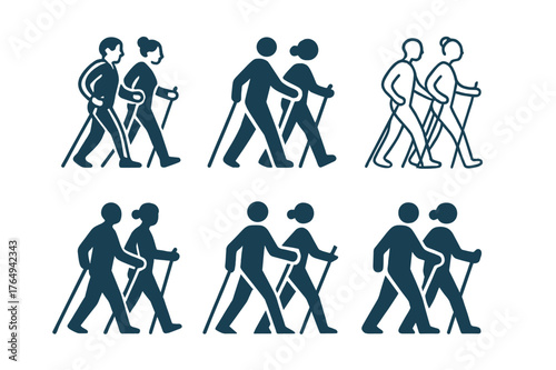 Active Aging Logos. Active aging. Set Logo of Active aging: walking group with poles. harmonious logo variations of the same emblematic concept, each with