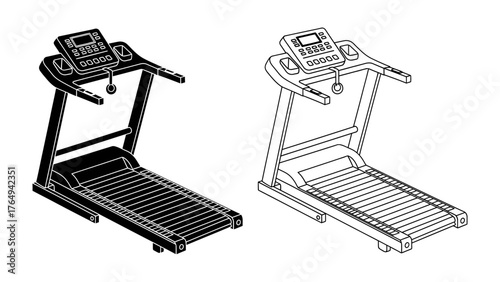 Treadmill illustrations: Two treadmill illustrations in contrasting styles, showcasing the sleek design of exercise equipment, perfect for fitness, health, and workout themes.