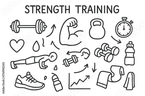 Strength Training Doodles. Strength training. Hand-drawn doodle illustration strength training flexed arm, barbell, kettlebell, push-up figure, stopwatch,