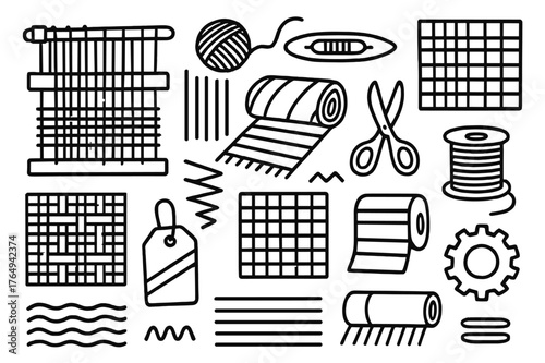 Woven Fabric Elements. Woven fabrics. Hand-drawn doodle illustration woven fabrics loom, yarn, shuttle, warp threads, pattern grid, scissors, spool, stripe
