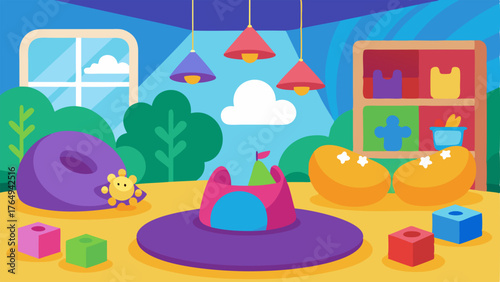 A childrens area with vibrant colors beanbag chairs and educational games and puzzles.