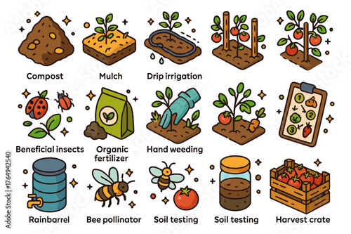 Organic Tomato Icons. Organic tomato farming. Colorful isometric vector icons set of Organic tomato farming: compost heap, mulch layer, drip irrigation hose,