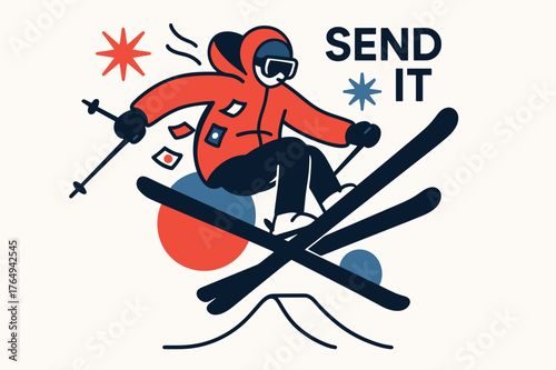 Freestyle Ski Jump. Freestyle Jump Off a Kicker. Skis cross mid-air, jacket flares, and stickers flutter like tiny flags. ?Send It? floats beside starburst