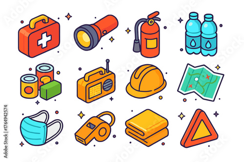 Colorful Emergency Icons. Emergency kit. Colorful isometric vector icons set of emergency kit: first aid kit, flashlight, fire extinguisher, water bottles,