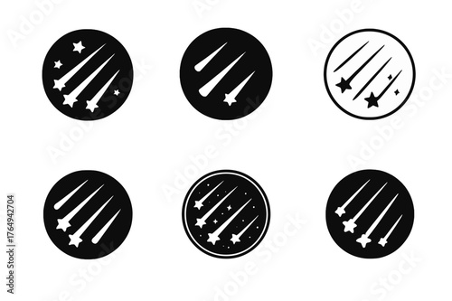 Meteor Shower Logos. Astronomy and stargazing. Set Logo of meteor shower streaks: harmonious logo variations of the same emblematic concept, each
