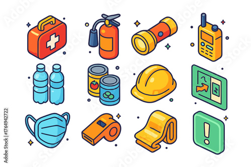 Safety Kit Icons. Safety kit. Colorful isometric vector icons set of safety kit: first aid kit, fire extinguisher, flashlight, radio, water bottles, canned