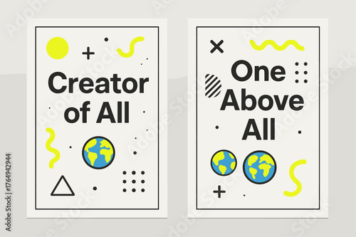 Creator and One. Creator of All. Two vertical A6 banners with safe margins, centered composition, no elements touching edges, memphis, charcoal and neon