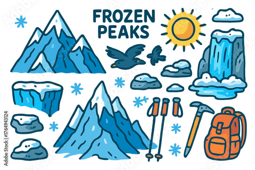 Frozen Mountain Adventure. Frozen peaks. Colorful Hand-drawn doodle Children illustration Frozen peaks sharp mountains, ice layers, glacier crevasse, frosty