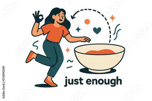 Mindful Eating Scene. Mindful Eating ? Portion Awareness. Simple bowl with minimal filling; dotted line compares fullness. Caption ?just enough? shines subtly