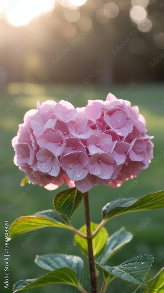 Obraz premium A close-up of a pink hydrangea flower glistening with dew in soft sunlight, showcasing its delicate petals against a blurred green background.