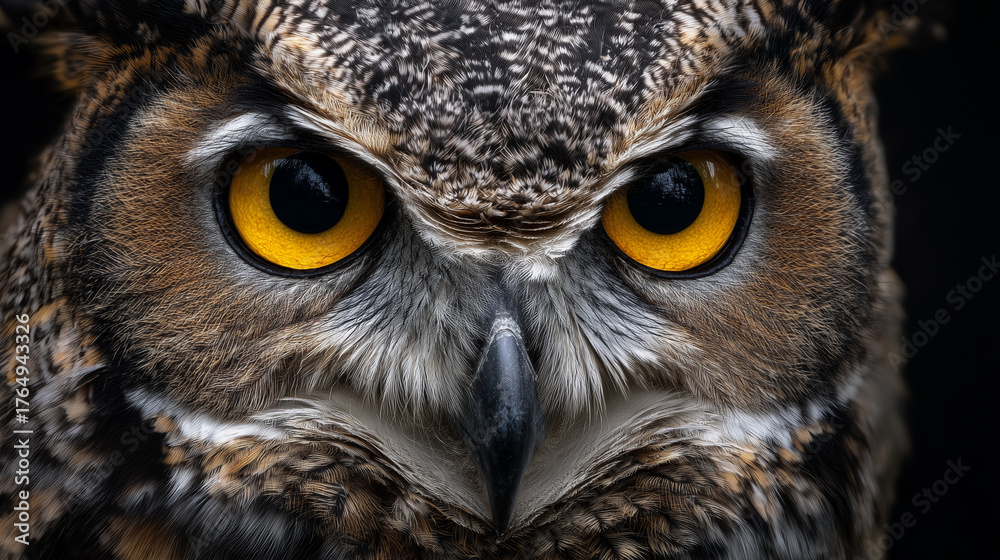 Obraz premium Yellow eyes of horned owl close up looking straight at camera with its head slightly tilted.