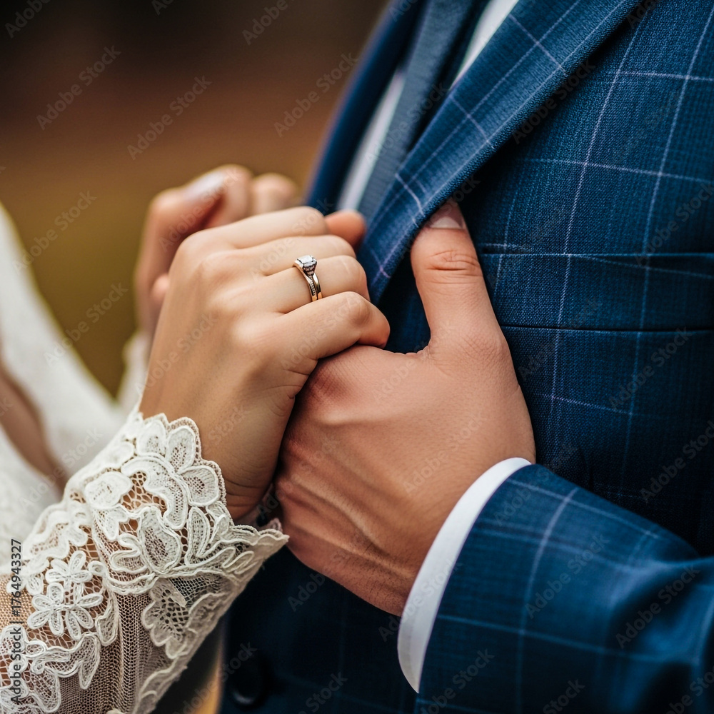 Fototapeta premium Wedding ring bride and groom holding hands close up romantic moment marriage love and commitment ceremony