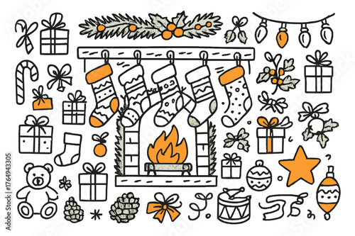 Festive Stocking Doodles. Festive stockings. Hand-drawn doodle illustration Christmas stockings (colored), fireplace (colored), mantel (colored), candy canes