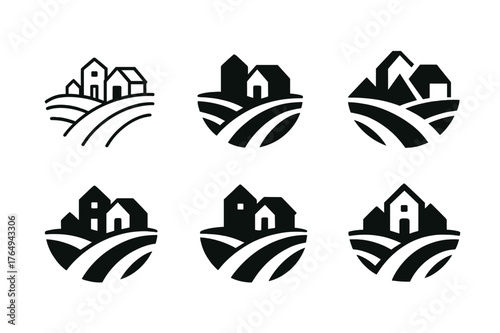 Rural Logos Grid. Rural travel and agritourism. Set Logo of Rural travel and agritourism: a farmhouse with barn nestled in rolling hills. harmonious logo