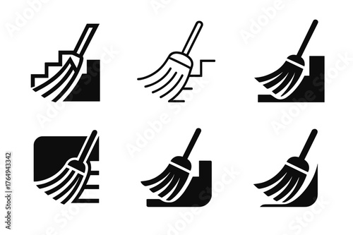 Stairs Sweeping Logos. Sweeping the stairs. Set Logo of Sweeping the stairs: Broom strokes forming a clean curved sweep pattern across steps. harmonious logo