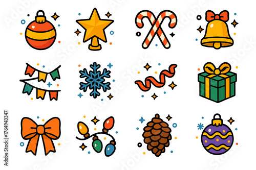 Yuletide Ornament Icons. Yuletide ornaments. Colorful isometric vector icons set of yuletide ornaments: baubles, star topper, candy canes, bells, garlands,