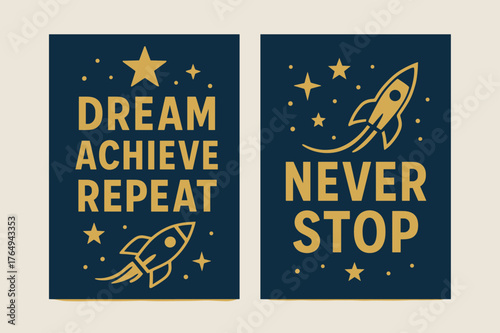 Dream and Achieve Banners. Dream achieve repeat. Two vertical A6 banners with safe margins, centered composition, no elements touching edges, bold, navy and