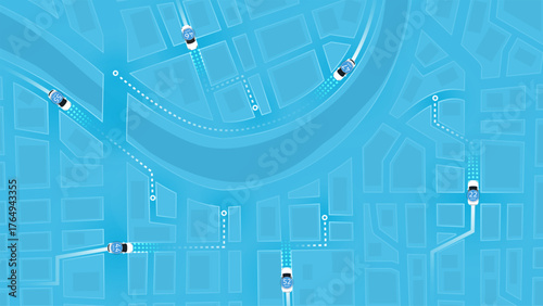 Autonomous Vehicles Navigation Routes on Smart City Map. Traffic Speed Control System. Vector illustration