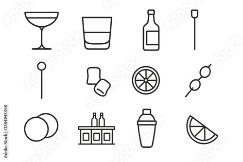 Elegant Cocktail Icons. Elegant cocktail. Line icon set of elegant cocktail: crystal glass, whiskey glass, ice cubes, bottle, cocktail stirrer, cork, lemon