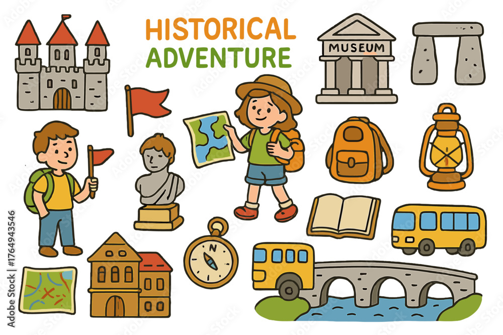 Obraz premium Historical Adventure Icons. historical adventure. Colorful Hand-drawn doodle Children illustration historical adventure castle, museum, ancient monument,
