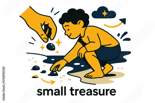 Child's Shiny Find. Pebble ? Beach Discovery. Child?s hand picks up a shiny stone from the wet sand; gentle sparkle icons mark the find. Caption ?small