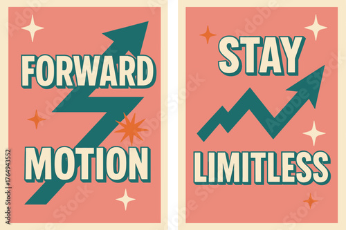 Retro Motivation Banners. Forward motion. Two vertical A6 banners with safe margins, centered composition, no elements touching edges, retro, pink and teal,