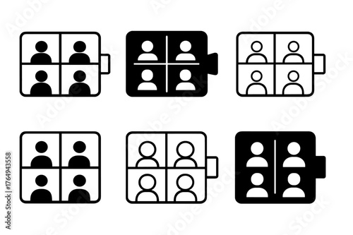 Collaborative Workspace Logos. Hybrid workspaces. Set Logo of video collaboration: tablet with grid of faces. Icon set. harmonious logo variations of the same
