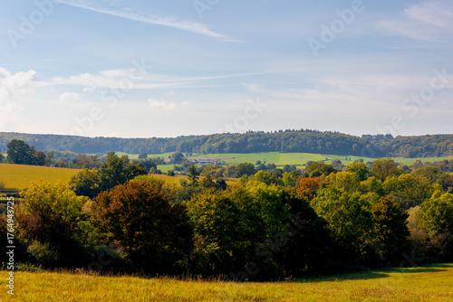 Autumn landscape, Terrain hilly countryside in Zuid-Limburg with a small villages on the hillside, farmland and forest, Epen is a village in southern part of the Dutch province of Limburg, Netherlands