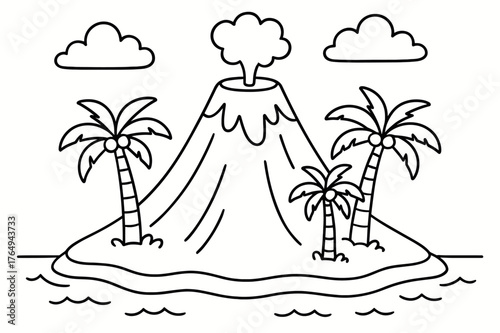 Island Volcano Coloring. Island volcano children?s coloring book illustration, outlined drawing, a peaceful cone-shaped volcano on a tiny island with palm