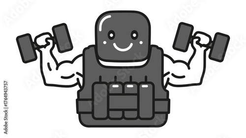 Strong Figure Workout: A cartoon figure, exuding strength and determination, works out with dumbbells, symbolizing the core values of physical fitness, strength training, and well-being.