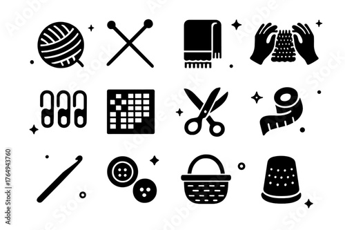 Scarf Crafting Icons. Scarf Crafting. Solid icons set of Scarf Crafting: yarn ball, knitting needles, scarf, hands, stitch markers, pattern chart, scissors,