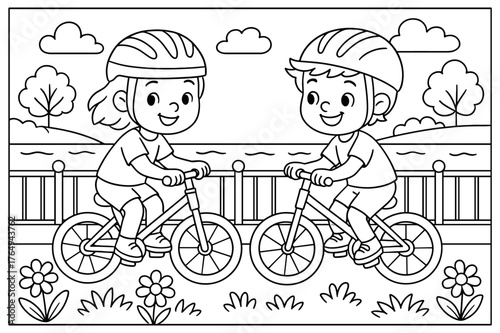 Cycling Kids Coloring. Children cycling by the river children?s coloring book illustration, outlined drawing, two happy kids riding bikes along an embankment