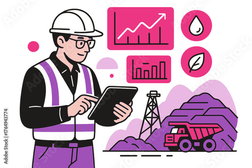 High-Tech Environmental Monitoring. Environmental Monitoring in Mining Sites. Scientist reviewing environmental data on digital tablet with floating graphs and