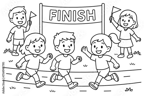 Kids Running Race. Sports day children?s coloring book illustration, outlined drawing, cheerful kids running a race and waving flags at a small finish line