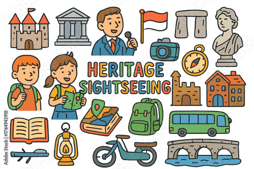 Heritage Sightseeing Adventure. heritage sightseeing. Colorful Hand-drawn doodle Children illustration heritage sightseeing castle, museum, ancient monument,