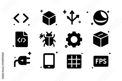 Augmented Reality Icons. augmented reality development. Solid icons set of augmented reality development: code brackets, game engine cube, 3D axis gizmo,
