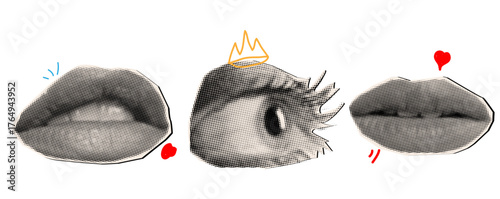 Halftone collage mouths and eye and doodles
