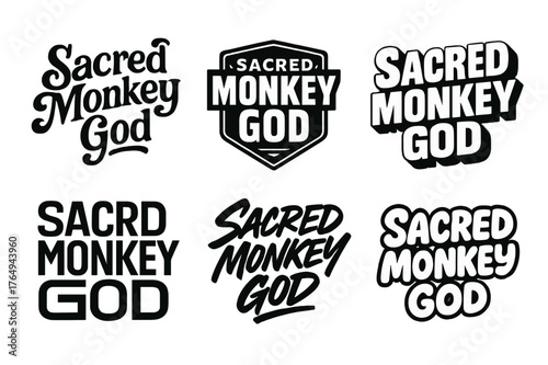 Sacred Monkey Lettering Styles. Sacred Monkey God. Set lettering. harmonious lettering variations of the same emblematic concept (Whimsical curly type with