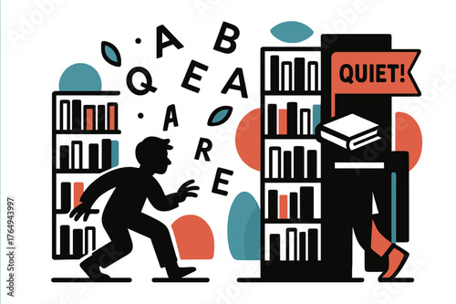Library Hideout Scene. Library Hideout. A seeker?s silhouette moves along tidy stacks while a bookmark flag whispers ?quiet!?. Floating letters scatter like