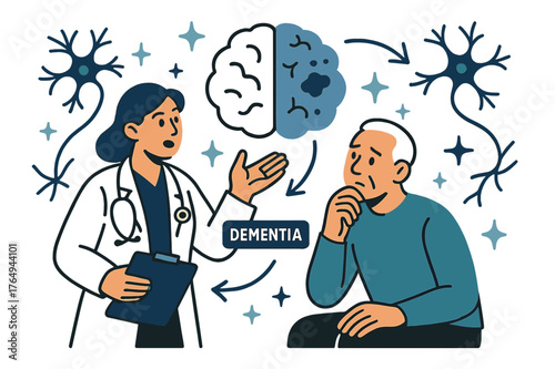 Dementia Explained Visually. Brain disorders and conditions. Doctor explaining dementia effects on brain to patient with abstract floating neurons, arrows, and