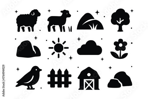 Hilltop Grazing Icons. Hilltop Grazing. Solid icons set of Hilltop Grazing: sheep, lamb, hill, grass, tree, rock, sun, cloud, flower, bird, fence, barn. Filled