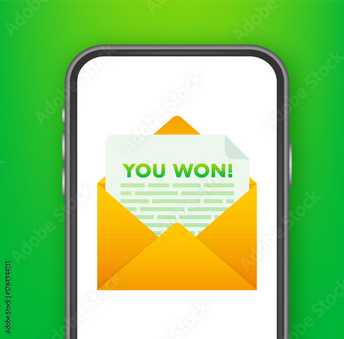 Smartphone showing email message winning notification on screen