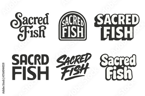 Sacred Fish Variations. Sacred Fish. Set lettering. harmonious lettering variations of the same emblematic concept (Whimsical curly type with flourishes, Retro
