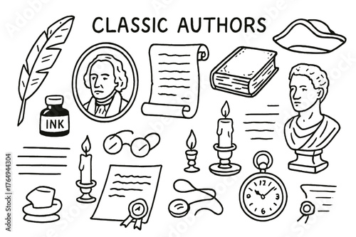 Classic Authors Icons. Classic authors. Hand-drawn doodle illustration classic authors quill, scroll, old book, ink bottle, candle, glasses, portrait frame,