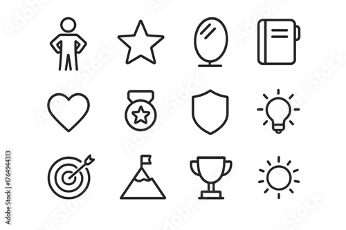 Self-Confidence Icon Set. Self-confidence building. Line icon set of self-confidence building: person standing tall, star, mirror, notebook, heart, medal,