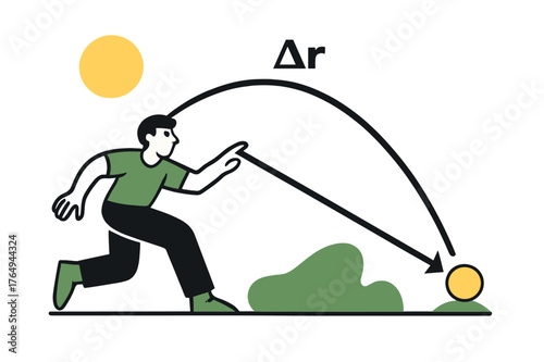 Ball's Dynamic Arc. Projectile Motion Path. A ball arcs across air while a single vector shows direct displacement between start and landing. ??r? hovers above